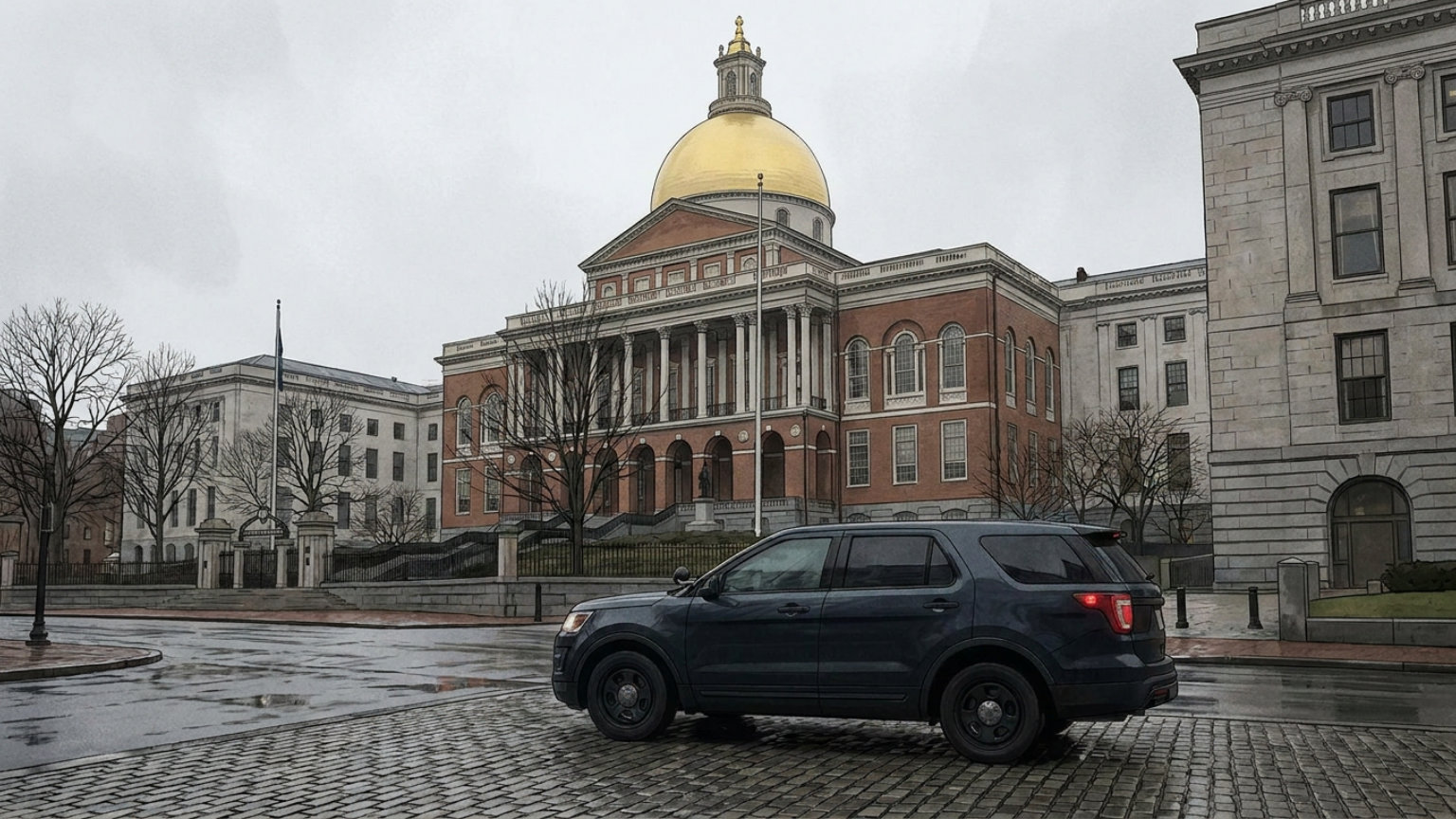 An editorial illustration of the Massachusetts State House dome beside an unmarked police vehicle, with no people, logos or text.