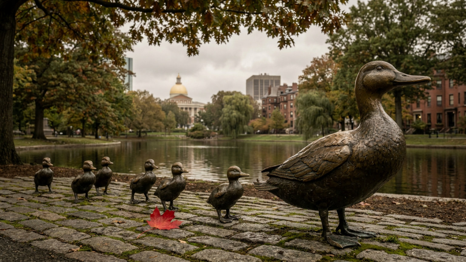 An editorial illustration of bronze mother-and-duckling figures beside a leafy Boston Public Garden path, with the lagoon beyond and no people, logos or text.