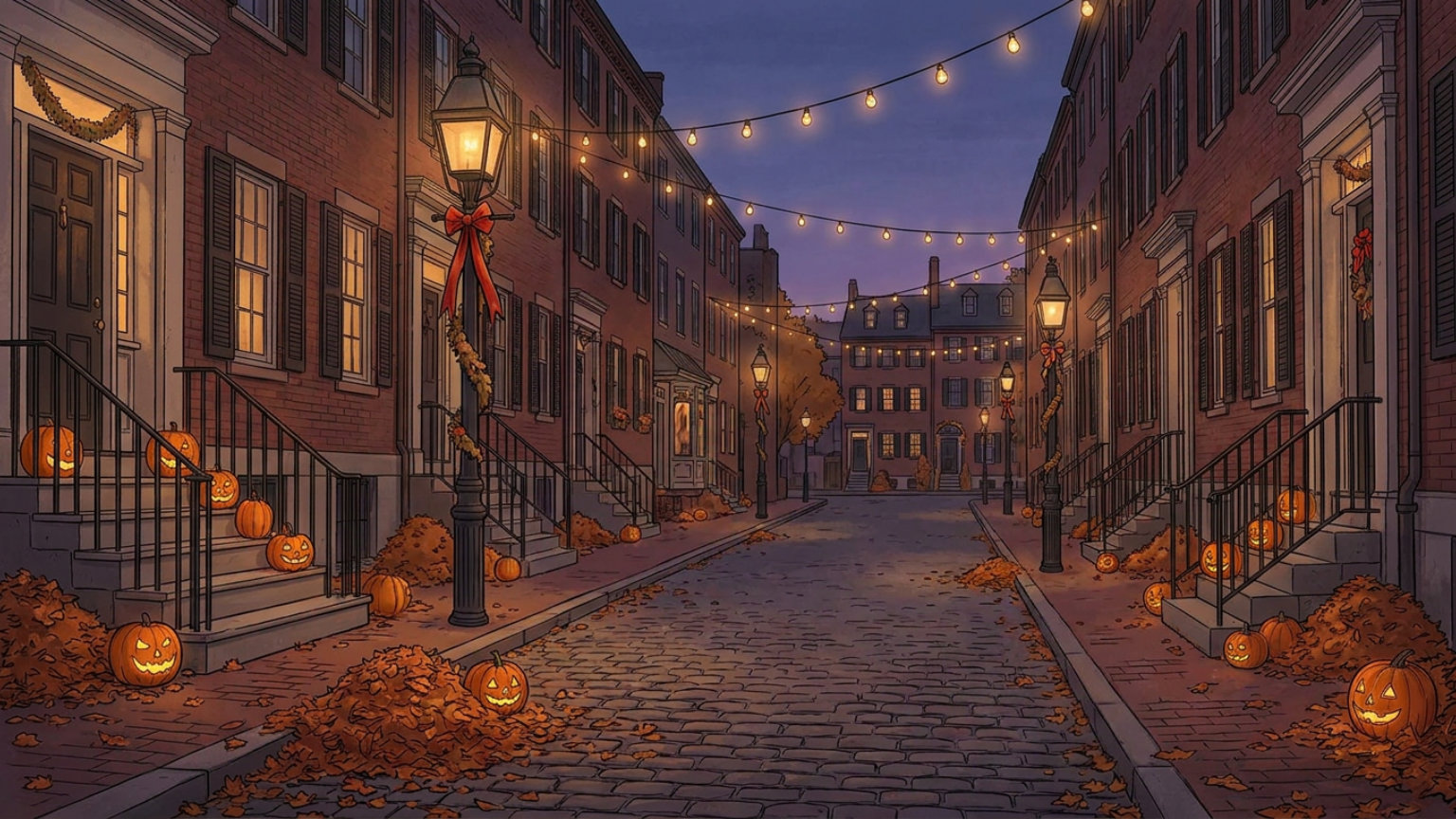 An editorial illustration of a Salem streetscape at dusk with glowing pumpkins, autumn leaves and festive Halloween decorations, with no people, logos or text.