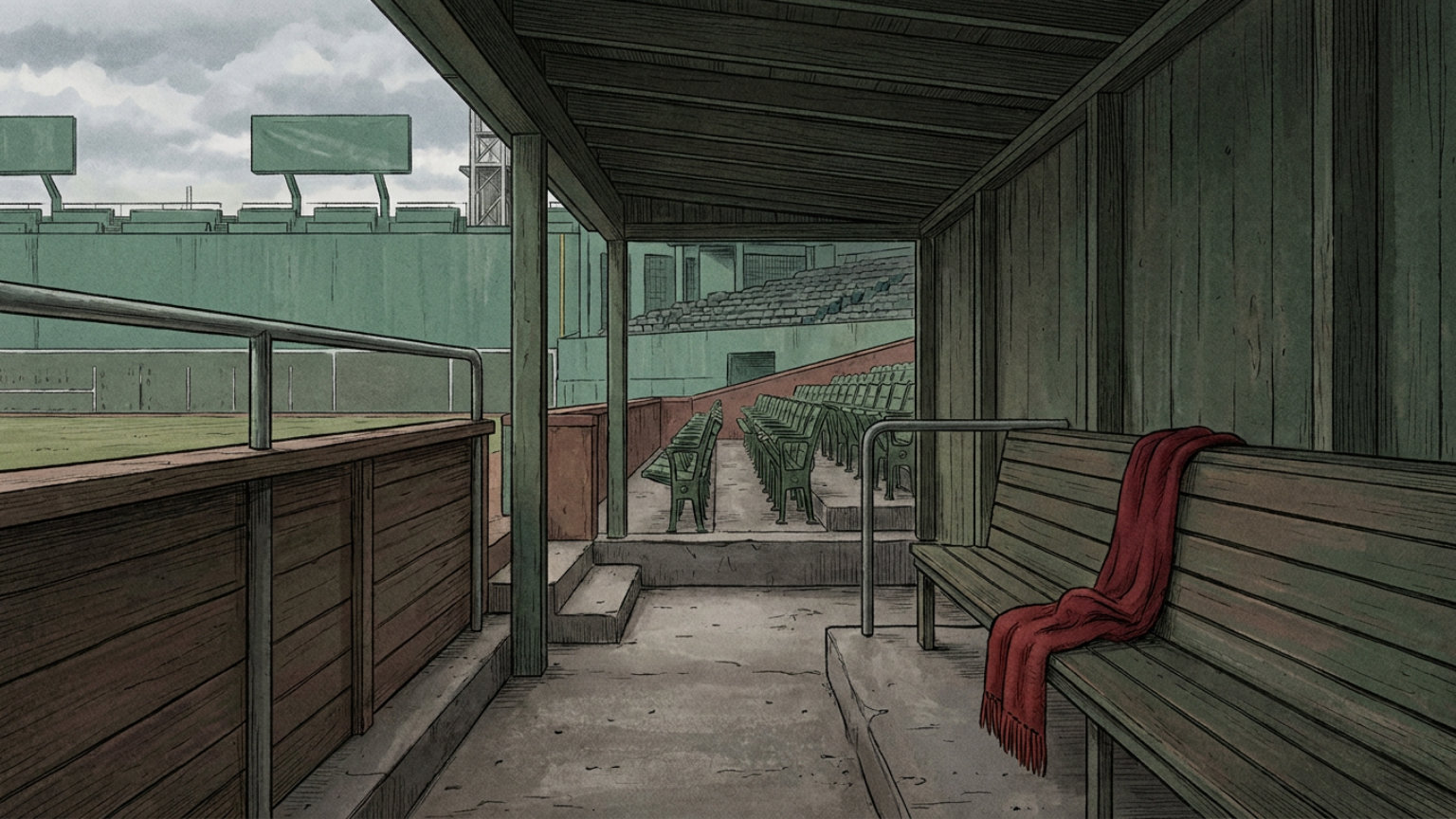 An editorial illustration of an empty baseball dugout overlooking Fenway Park’s green outfield wall, with no people, logos or text.