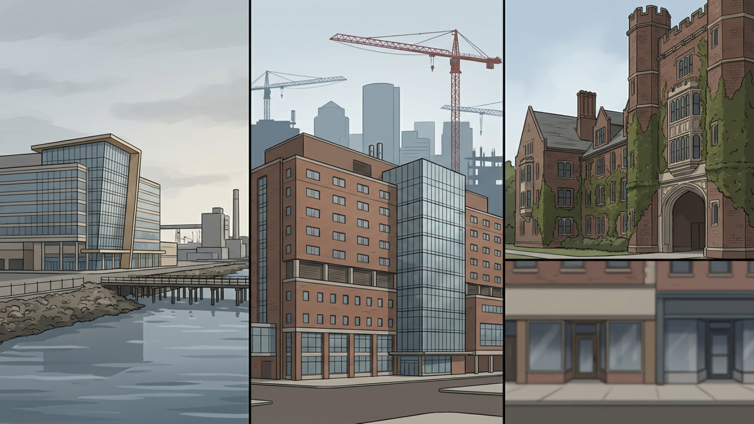 An editorial illustration juxtaposing an Everett waterfront casino, a Boston hospital exterior and Cambridge university brickwork, with no people, logos or text.