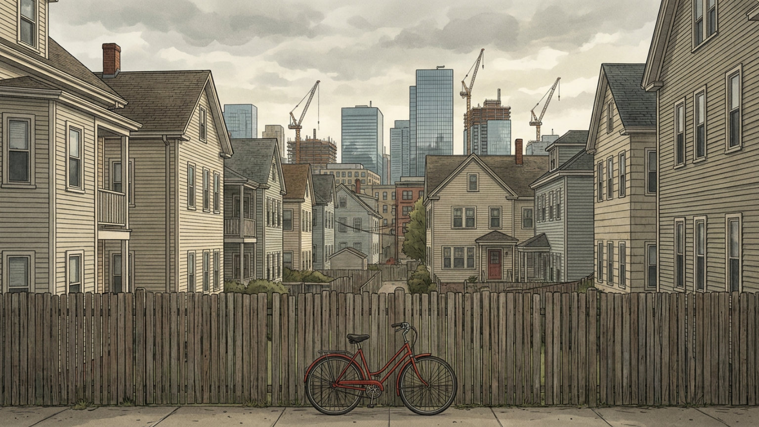 An editorial illustration of a Somerville residential streetscape with closely spaced houses and a small backyard dwelling, without people, logos or text.