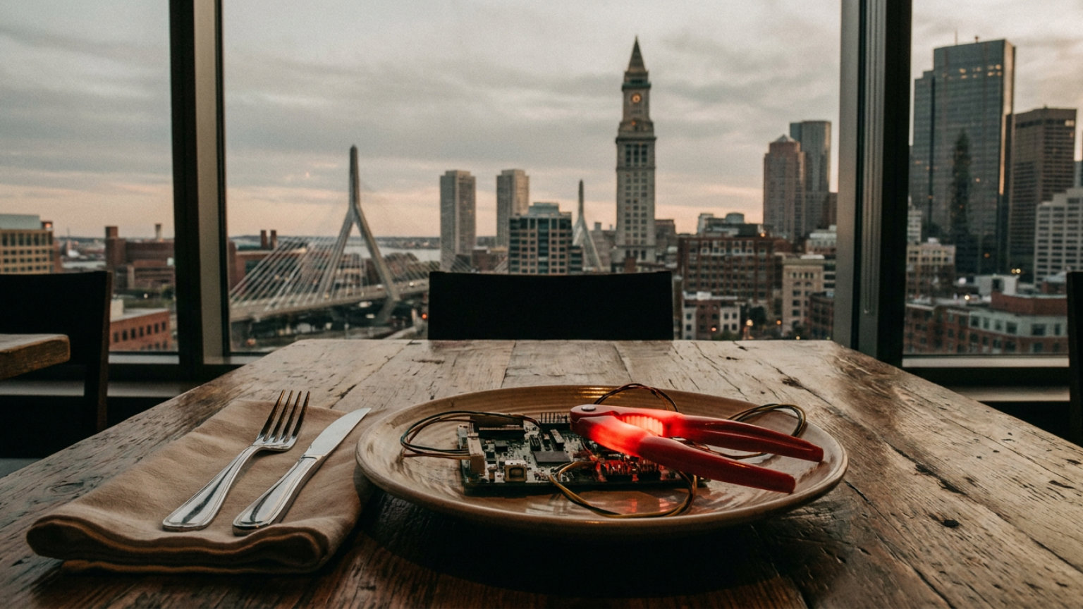 An editorial illustration pairing a restaurant table setting with a circuit board against the Boston skyline, with no people, logos or text.