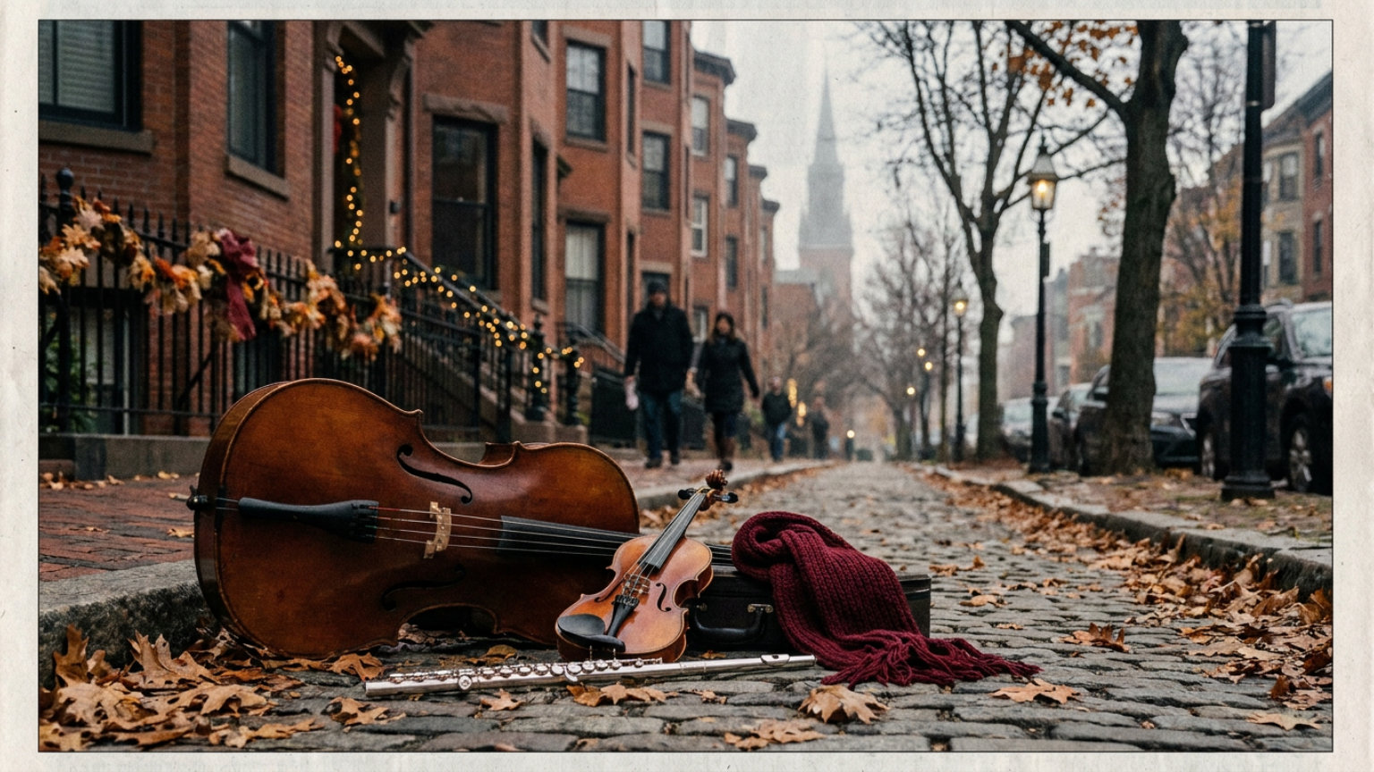 An editorial illustration of chamber music instruments beside autumn leaves, with South End brick facades in the background and no people, logos or text.