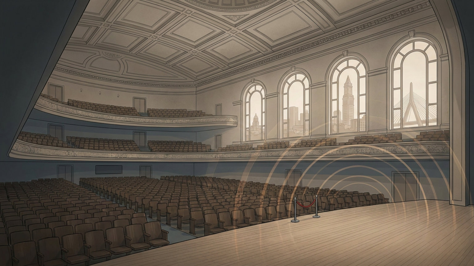 An editorial illustration of Symphony Hall’s empty rectangular auditorium, showing its shallow balconies, coffered ceiling and wooden stage with subtle sound-wave arcs, without people, logos or text.