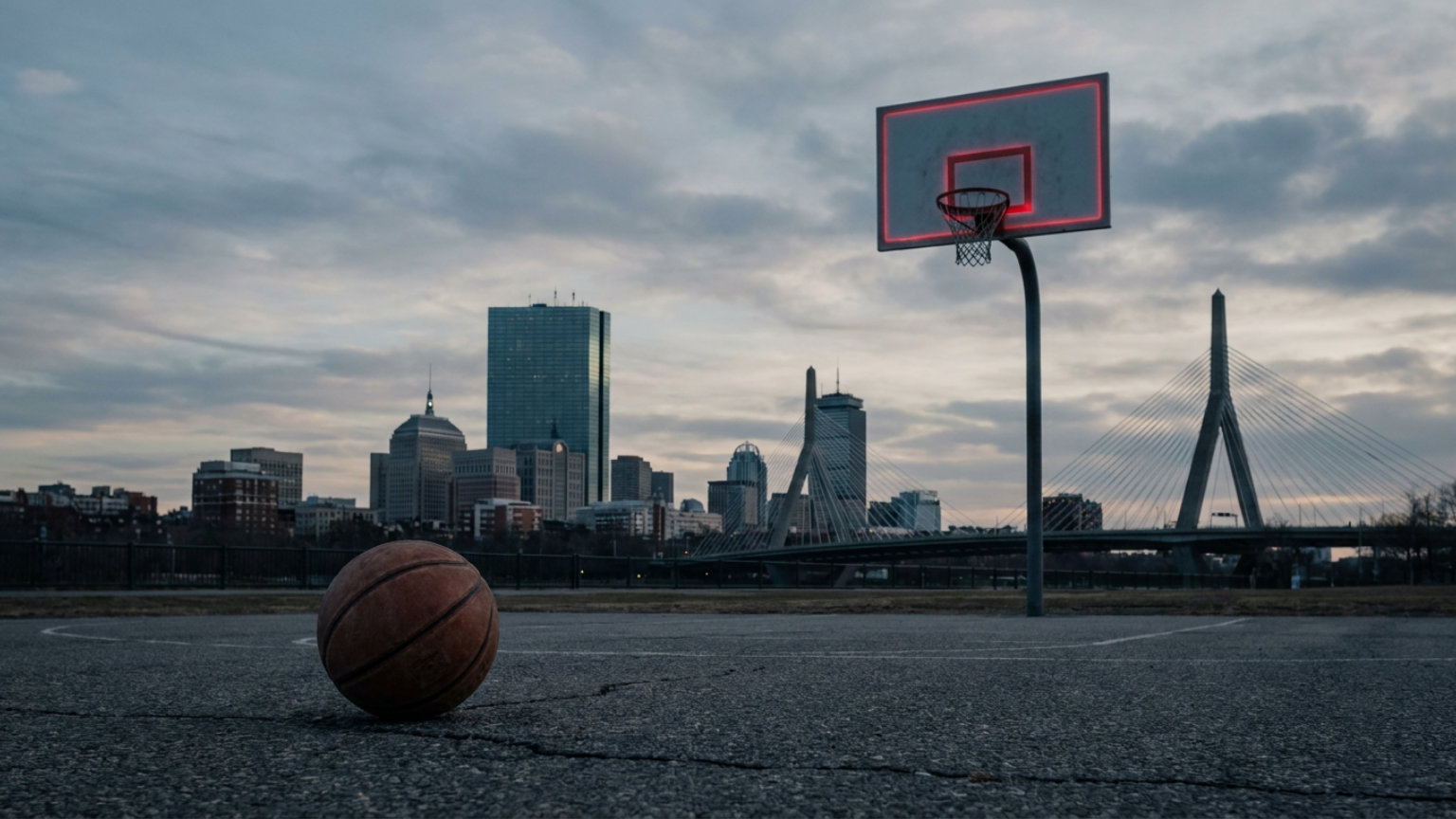 An editorial illustration of a basketball beside a hoop with a glowing backboard border, set against Boston’s skyline, with no people, logos or text.