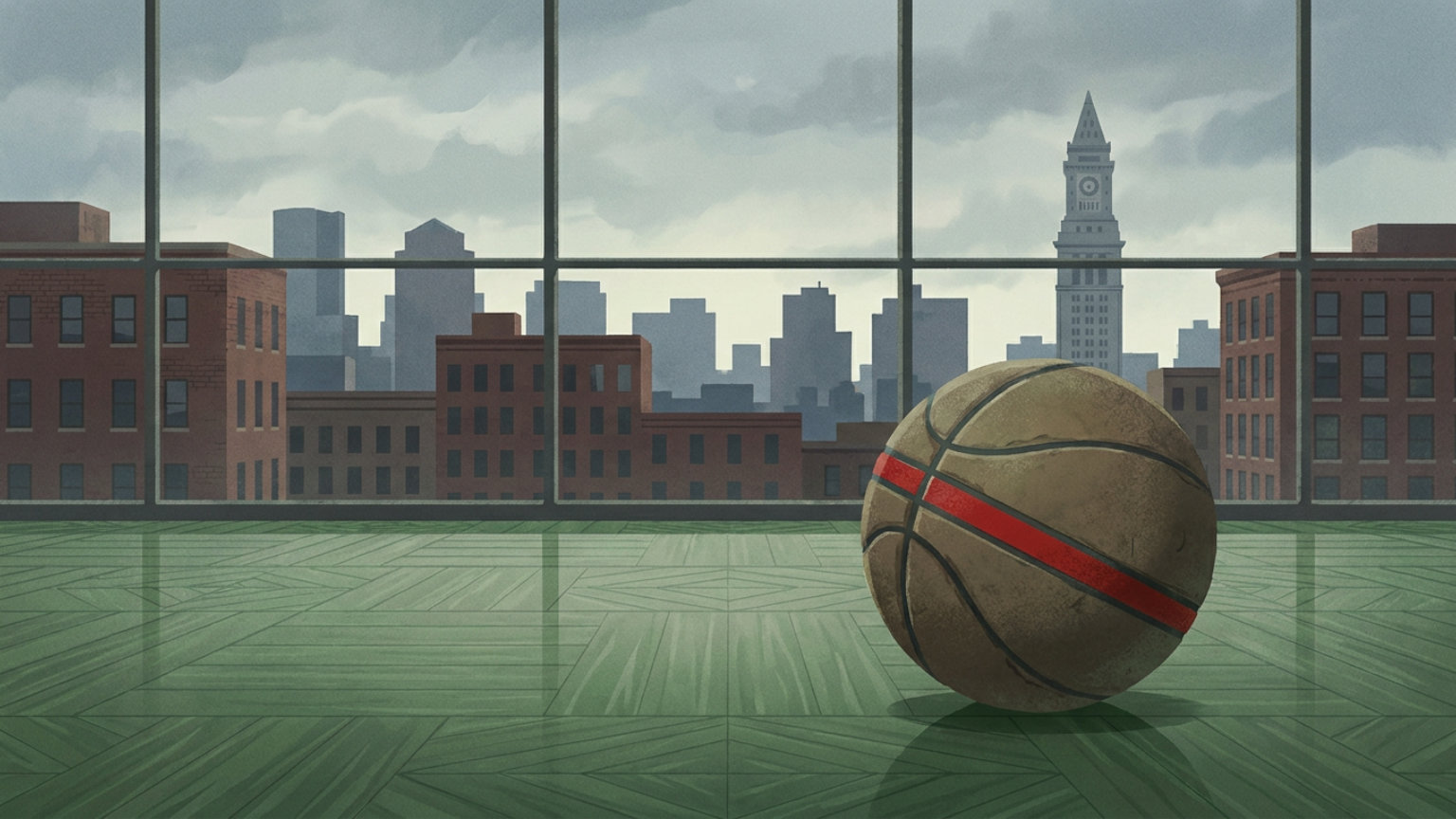 An editorial illustration of a basketball on a green parquet court with Boston’s skyline in the background, without people, logos or text.