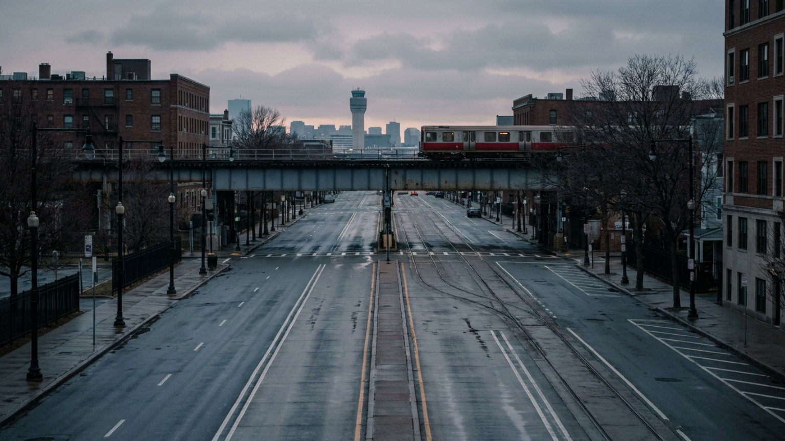 An editorial illustration of an empty Boston avenue with center bus lanes and symbolic rail tracks branching toward Dorchester and Mattapan, without people, logos or text.