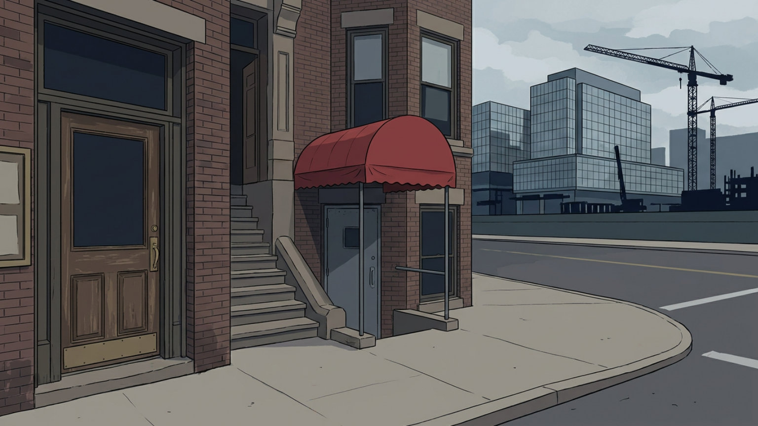 An editorial illustration of a Cambridge streetscape with a restaurant doorway and a basement music-club entrance, without people, logos or text.