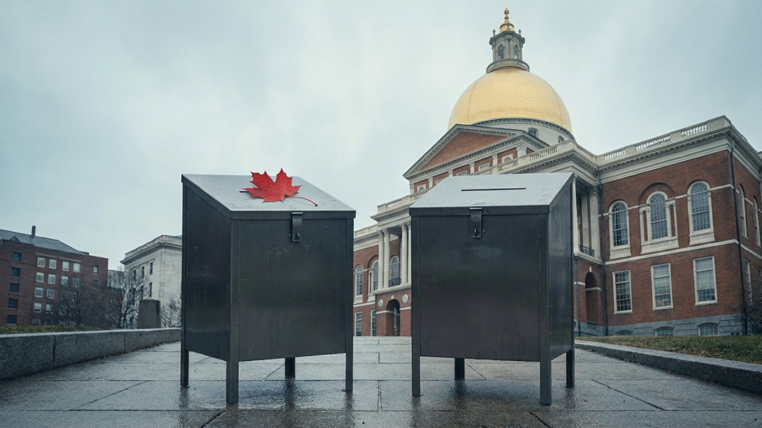 An editorial illustration of two unmarked ballot boxes in front of the Massachusetts State House, with no people, logos or text.