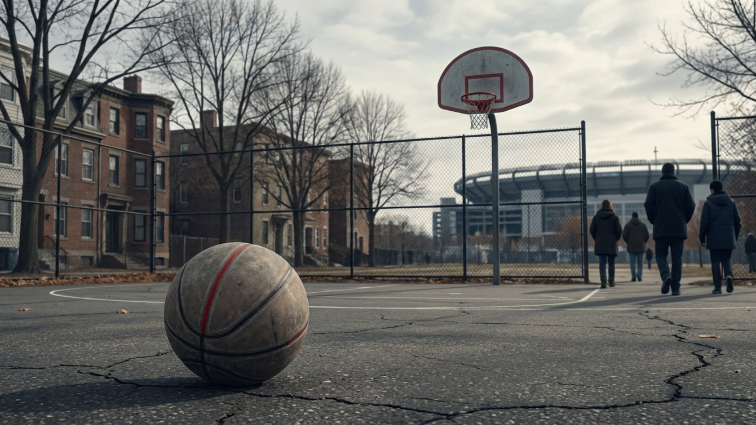 An editorial illustration of a basketball and hoop on an empty Massachusetts neighborhood court, with no people, logos or text.