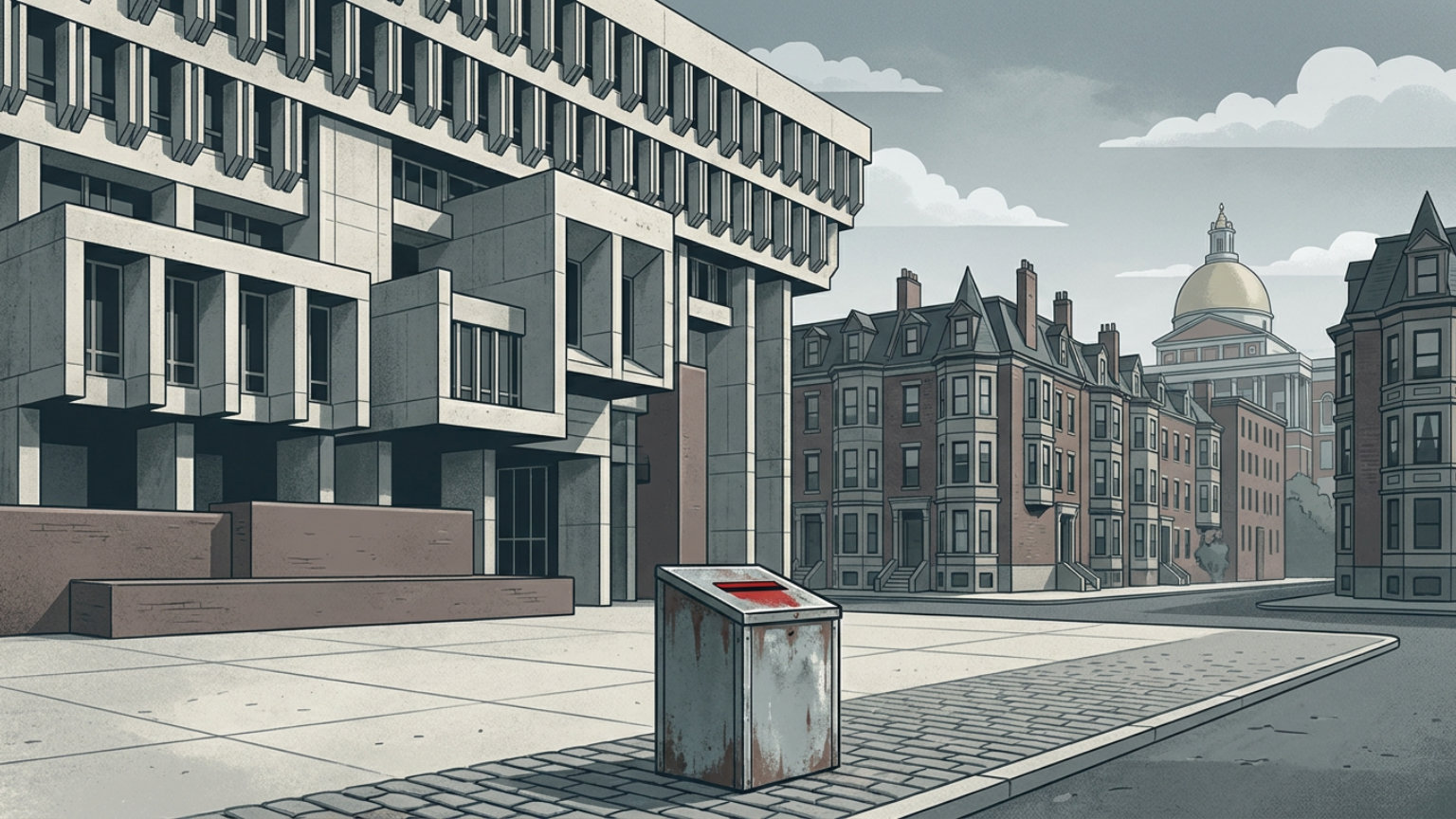 An editorial illustration pairing Boston City Hall with a ballot box and residential buildings, with no people, logos or text.