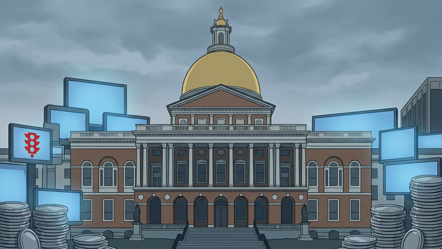 An editorial illustration of the Massachusetts State House surrounded by abstract television screens and stacks of coins, with no people, logos or text.