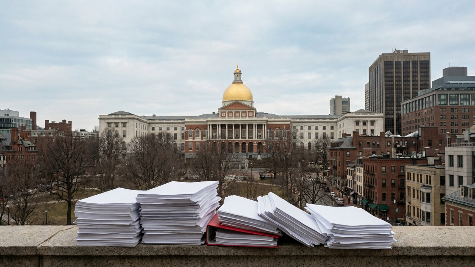 An editorial illustration of the Massachusetts State House with stacks of blank legislative papers in the foreground, without people, logos or text.