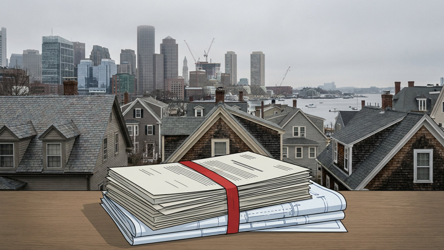 An editorial illustration of Massachusetts residential rooftops beside a symbolic stack of housing documents, with no people, logos or text.
