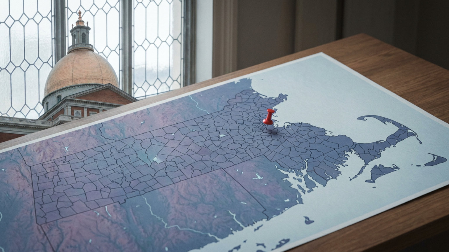 An editorial illustration of a Massachusetts municipal-boundary map in muted blue and purple beside the State House dome, without people, logos or text.