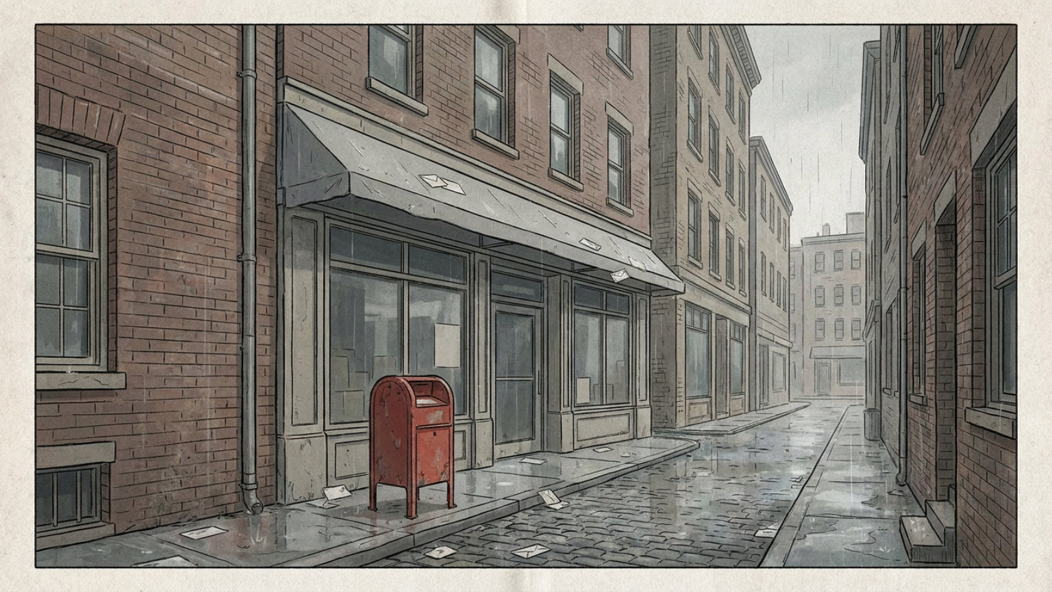 An editorial illustration of an unbranded postal storefront on a Boston neighborhood street, with brick buildings and envelopes as visual accents, without people, logos or text.