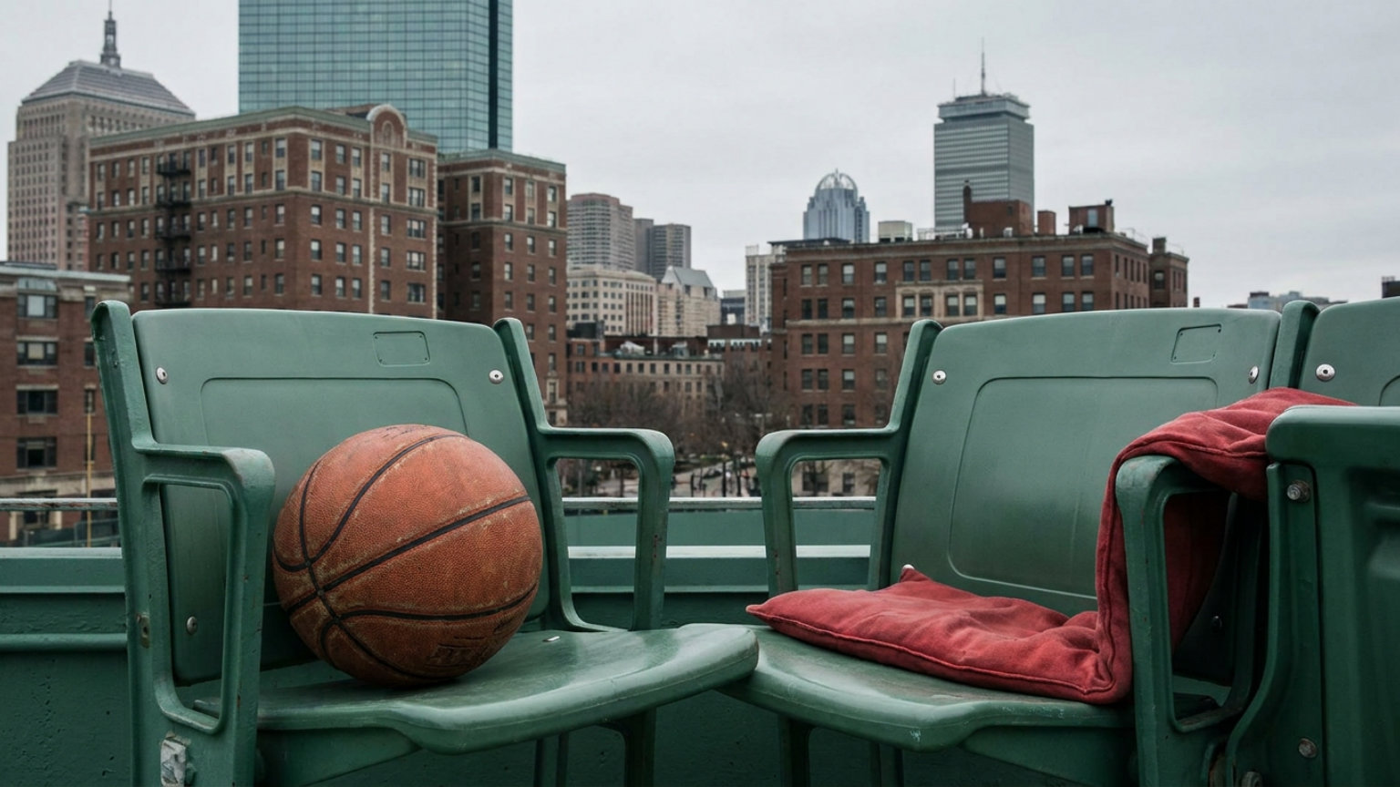 An editorial illustration of a basketball and an empty green arena seat against a Boston skyline, with no people, logos or text.