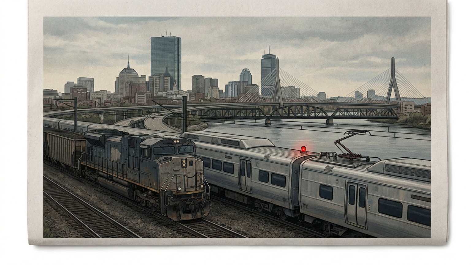 An editorial illustration of diesel and electric rail equipment on parallel tracks with Boston’s skyline behind them, without people, logos or text.