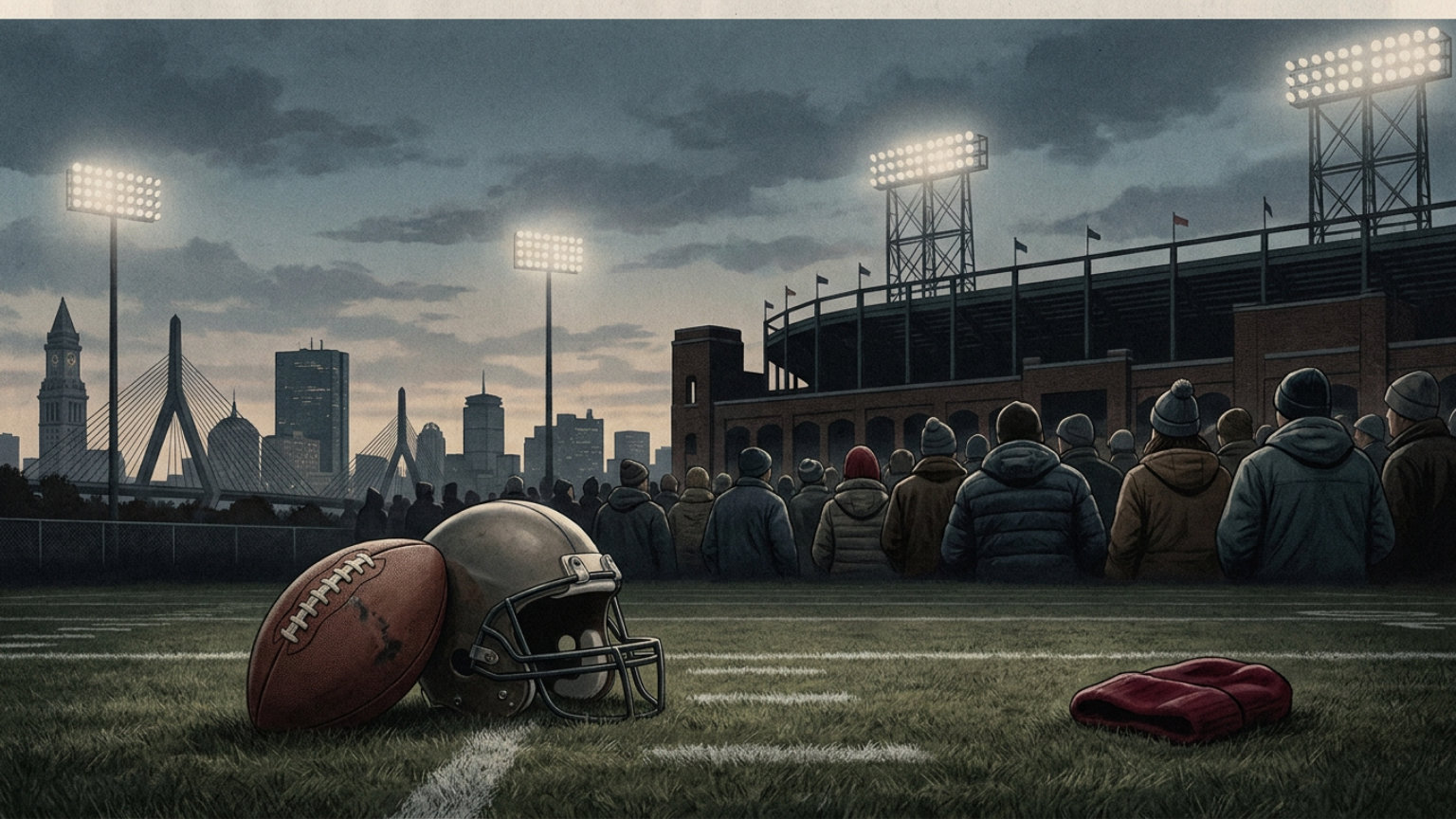 An editorial illustration of a football and unmarked helmet beneath stadium lights, with Boston’s skyline silhouetted in the background and no people, logos or text.
