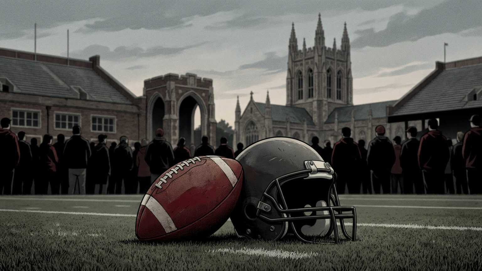 An editorial illustration of a football and an unmarked helmet on a stadium field, with Boston College campus architecture in the background and no people, logos or text.