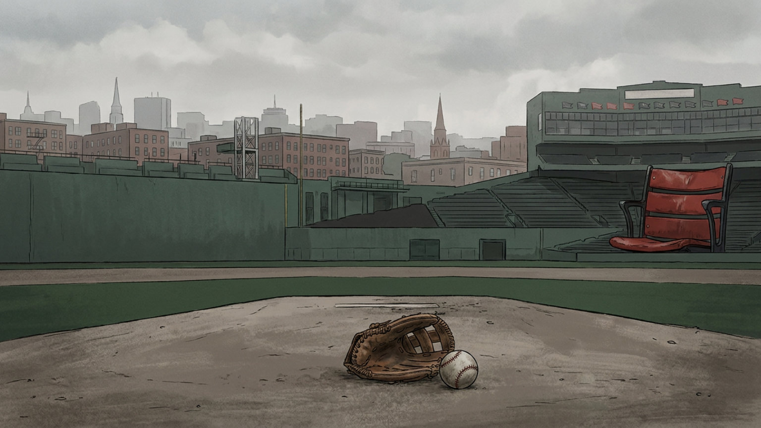 An editorial illustration of a baseball and pitching glove on an empty mound at Fenway Park, with Boston scenery beyond the stadium and no people, logos or text.