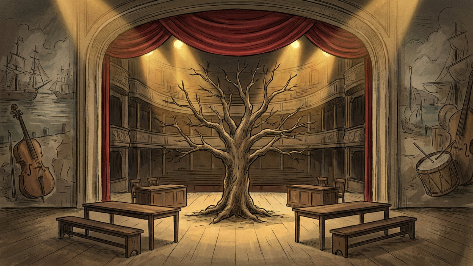 An editorial illustration of an empty Boston theater stage with a towering oak, spare courtroom furniture and warm theatrical lighting, without people, logos or text.