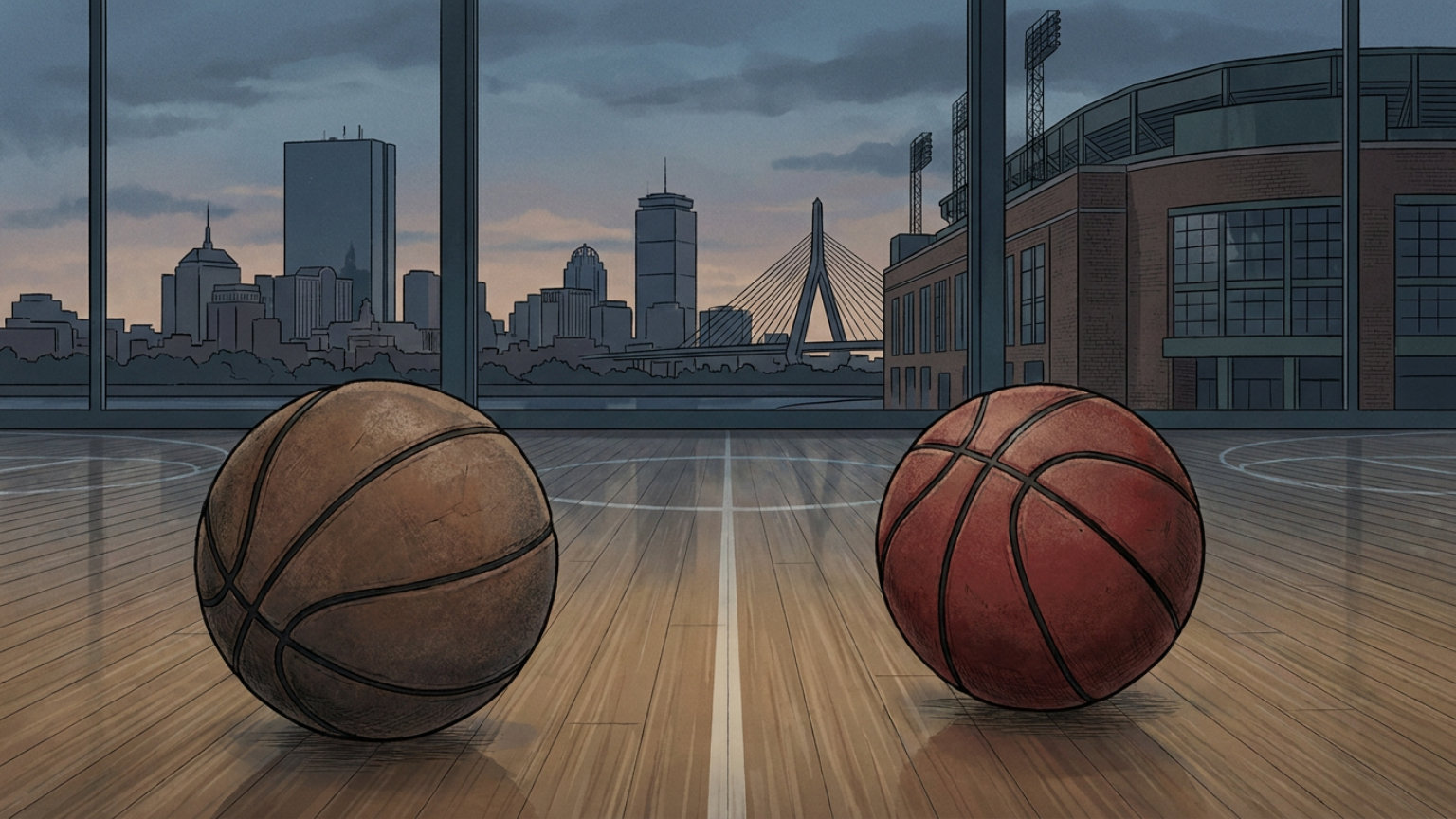 An editorial illustration of a basketball beside an empty hardwood court, with the Boston skyline silhouetted in the background, without people, logos or text.