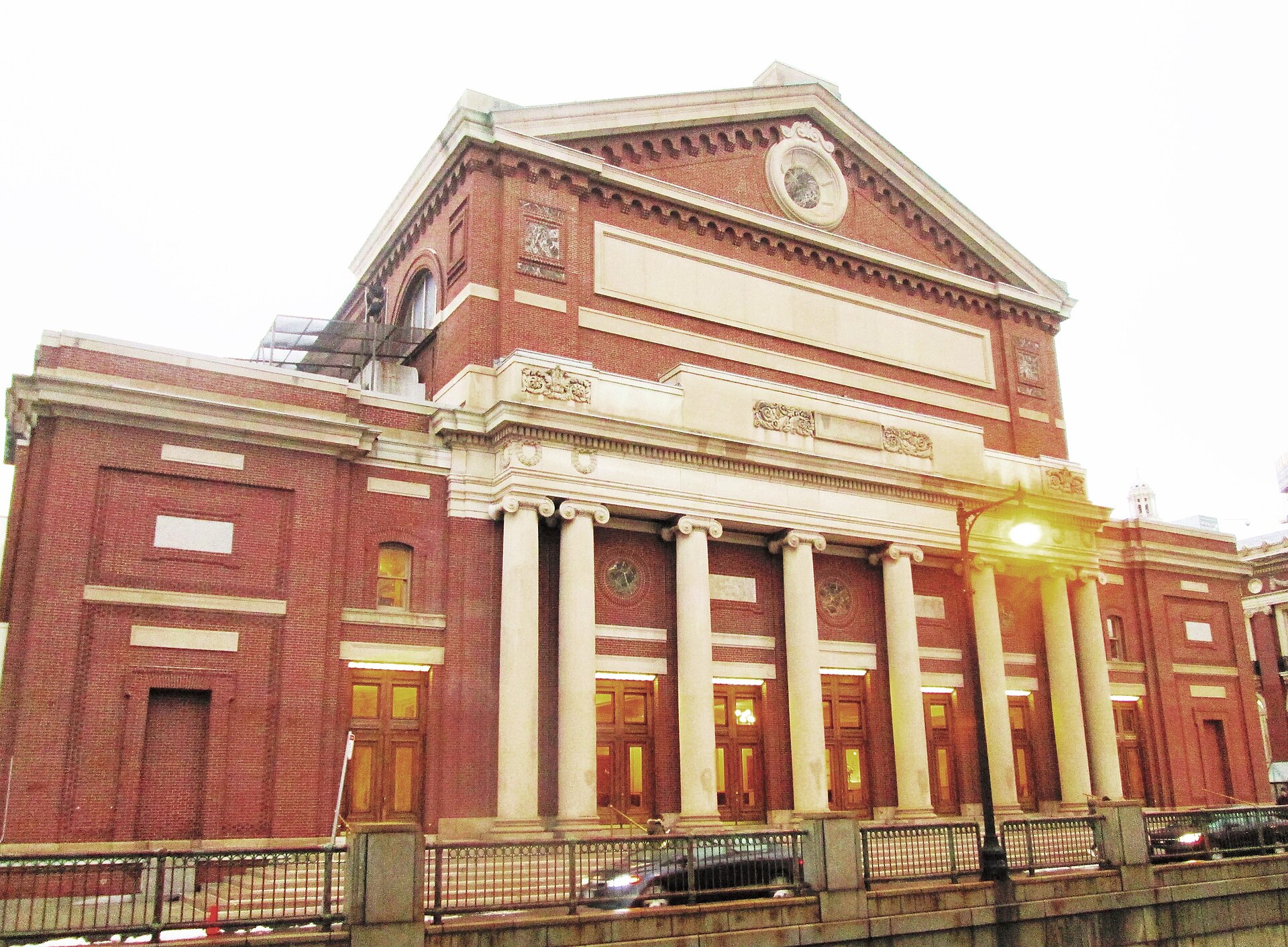 The red-brick facade and columned entrance of Symphony Hall in Boston